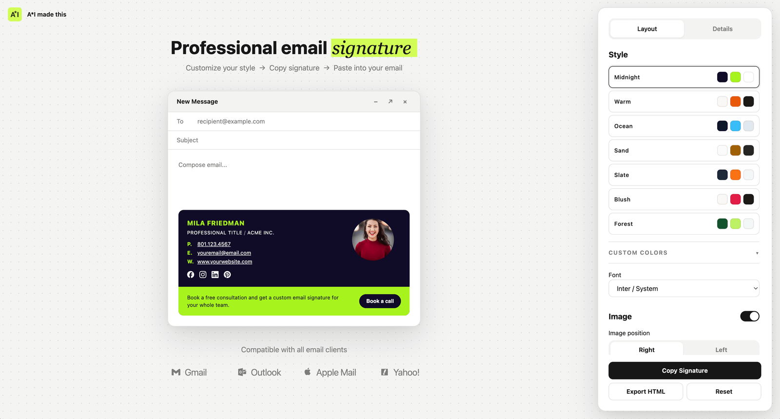 Screenshot of the finished Email Signature Builder: a mock Gmail compose window previewing a dark signature card, beside a style panel with colour themes, font picker and export buttons.