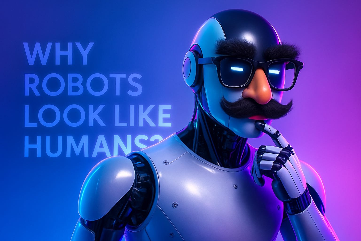 Article cover: a white humanoid robot with glasses, bushy eyebrows and a moustache posing thoughtfully on a blue-purple background, beside the words “Why robots look like humans?”